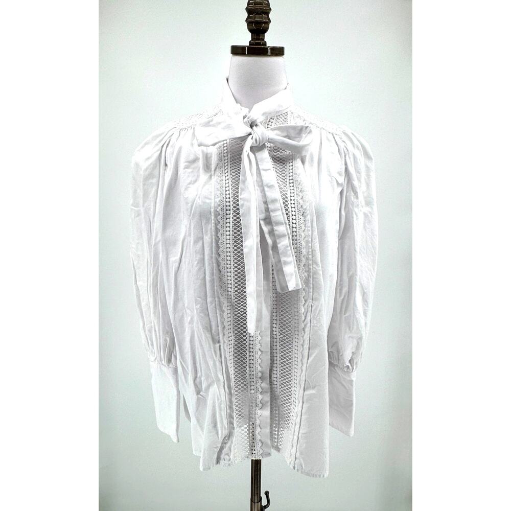 Mechora Anna White Romantic Victorian Tie Neck Structured Blouse Top Sz XS